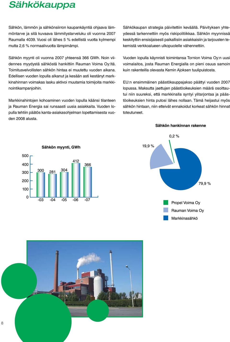 Sähkön myynnissä keskityttiin ensisijaisesti paikallisiin asiakkaisiin ja tarjousten tekemistä verkkoalueen ulkopuolelle vähennettiin. Sähkön myynti oli vuonna 2007 yhteensä 366 GWh.