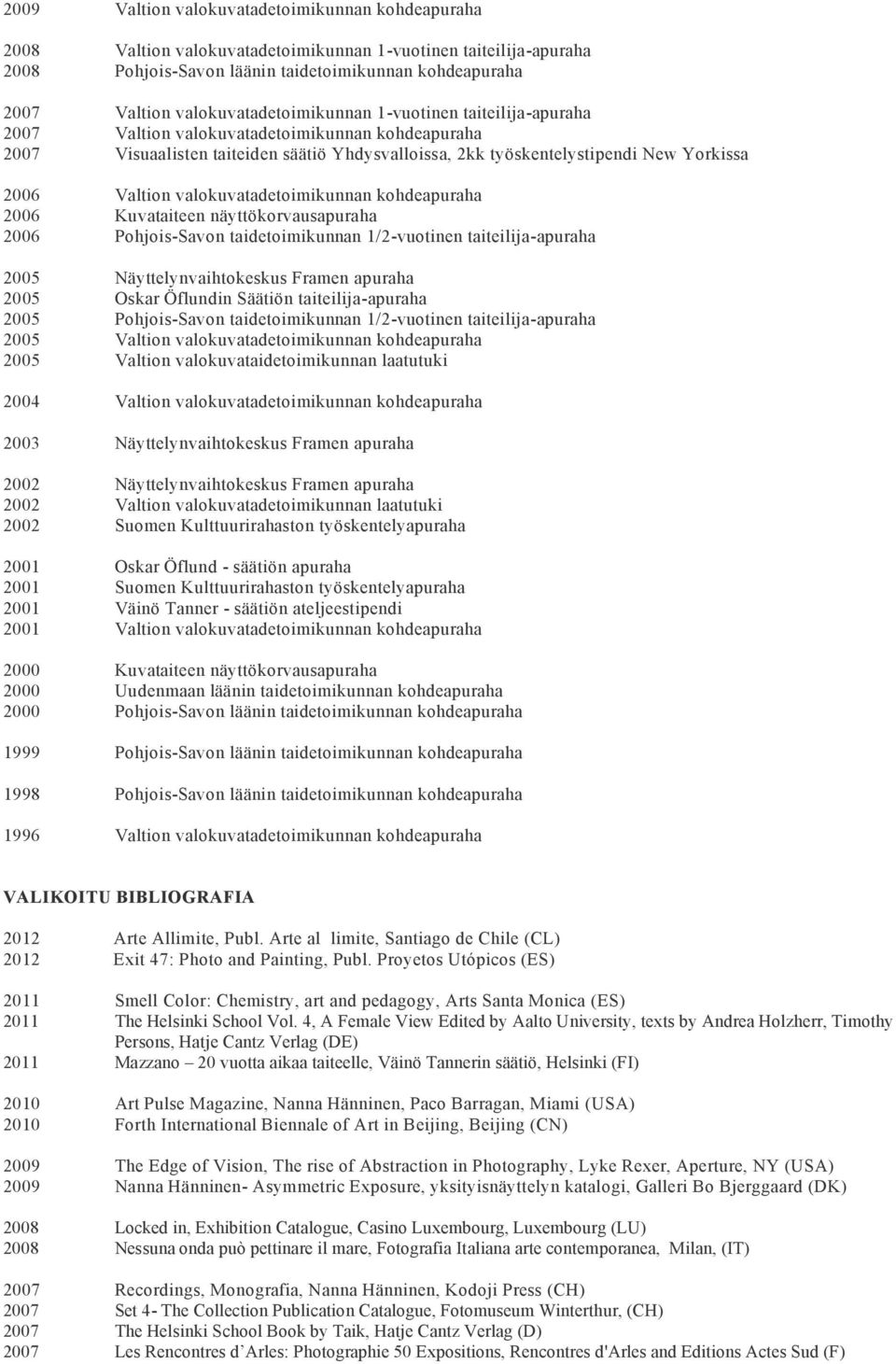 Valtion valokuvatadetoimikunnan kohdeapuraha 2006 Kuvataiteen näyttökorvausapuraha 2006 Pohjois-Savon taidetoimikunnan 1/2-vuotinen taiteilija-apuraha 2005 Näyttelynvaihtokeskus Framen apuraha 2005