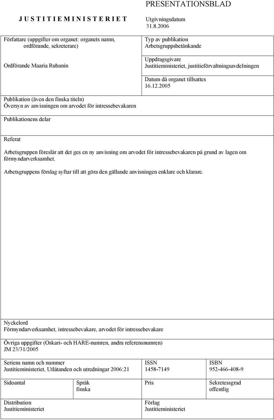 2005 Publikation (även den finska titeln) Översyn av anvisningen om arvodet för intressebevakaren Publikationens delar Referat Arbetsgruppen föreslår att det ges en ny anvisning om arvodet för