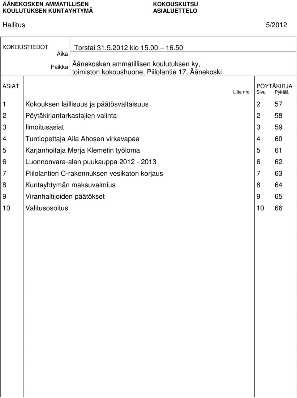 laillisuus ja päätösvaltaisuus 2 57 2 valinta 2 58 3 Ilmoitusasiat 3 59 4 Tuntiopettaja Aila Ahosen virkavapaa 4 60 5 Karjanhoitaja Merja Klemetin