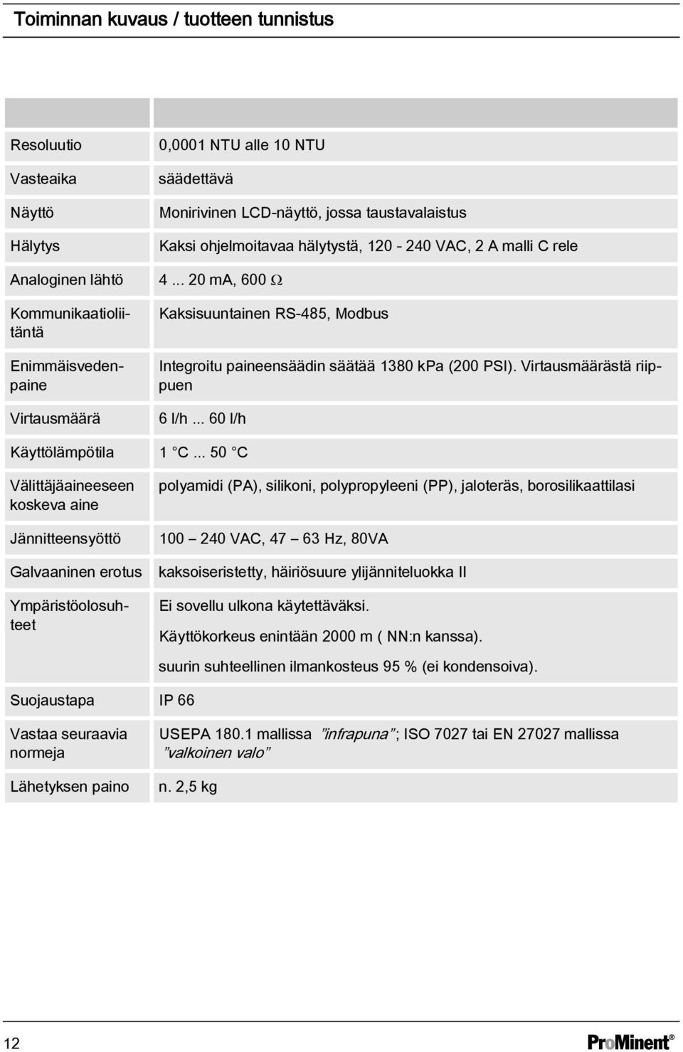 .. 50 C Välittäjäaineeseen koskeva aine Jännitteensyöttö Galvaaninen erotus Integroitu paineensäädin säätää 1380 kpa (200 PSI).