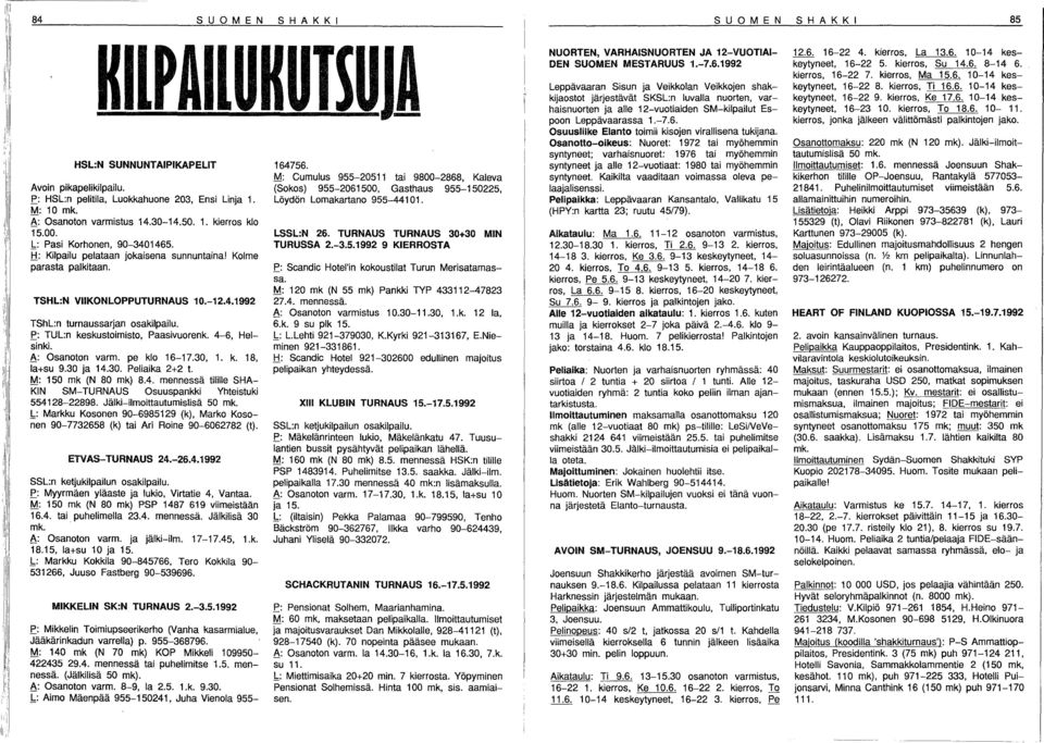4-6, Helsinki. {: Osantn varm. pe kl 6-7.30,. k. 8, la+su 9.30 ja 4.30. Peliaika 2+2 t. M: 50 mk (N 80 mk) 8.4. mennessä tilille SHA KIN SM-TURNAUS Osuuspankki Yhteistuki 55428-22898.