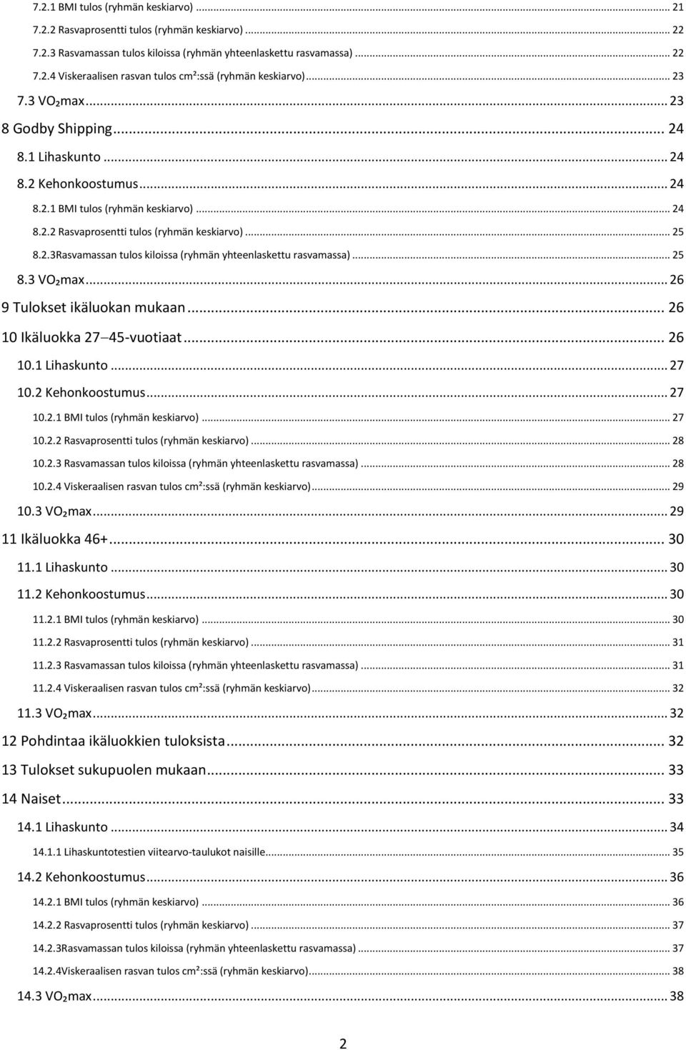 .. 25 8.3 VO₂max... 26 9 Tulokset ikäluokan mukaan... 26 10 Ikäluokka 27 45-vuotiaat... 26 10.1 Lihaskunto... 27 10.2 Kehonkoostumus... 27 10.2.1 BMI tulos (ryhmän keskiarvo)... 27 10.2.2 Rasvaprosentti tulos (ryhmän keskiarvo).