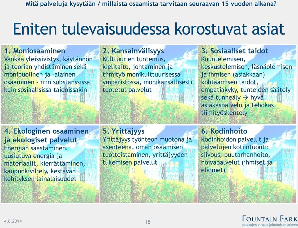 Ekologinen osaaminen ja ekologiset palvelut Energian säästäminen, uusiutuva energia ja materiaalit, kierrättäminen, kaupunkiviljely, kestävän kehityksen lainalaisuudet 2.