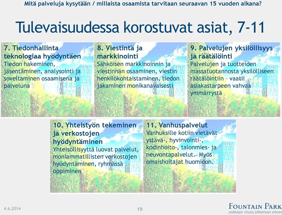 Palvelujen yksilöllisyys ja räätälöinti Palvelujen ja tuotteiden massatuotannosta yksilölliseen räätälöintiin vaatii asiakastarpeen vahvaa ymmärrystä 10.