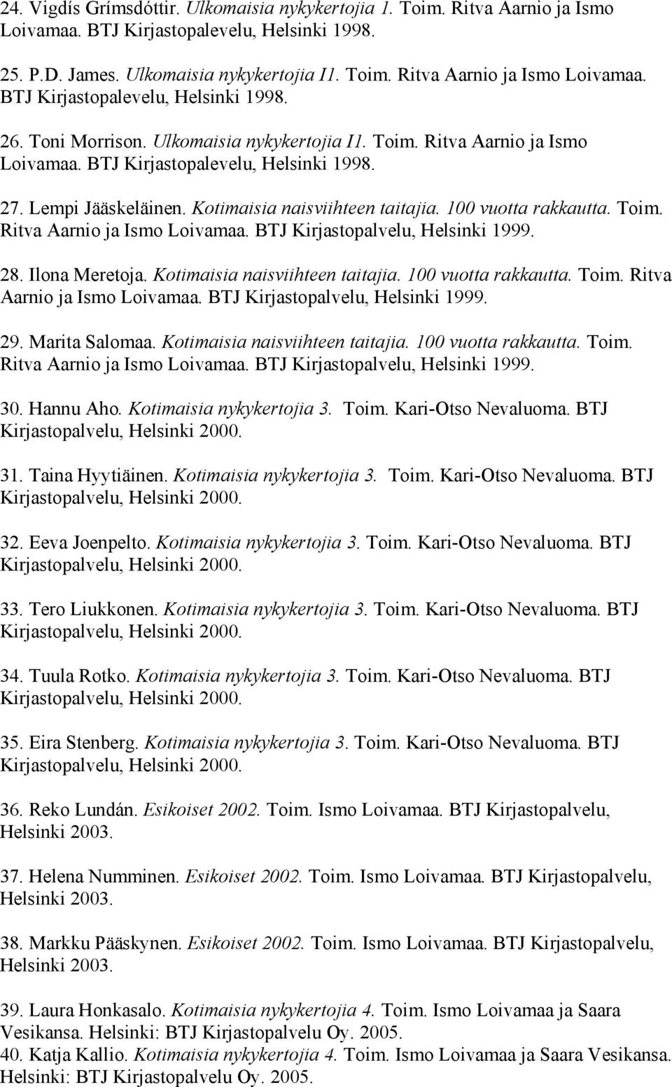 Toim. Ritva Aarnio ja Ismo Loivamaa. BTJ Kirjastopalvelu, Helsinki 1999. 28. Ilona Meretoja. Kotimaisia naisviihteen taitajia. 100 vuotta rakkautta. Toim. Ritva Aarnio ja Ismo Loivamaa. BTJ Kirjastopalvelu, Helsinki 1999. 29.