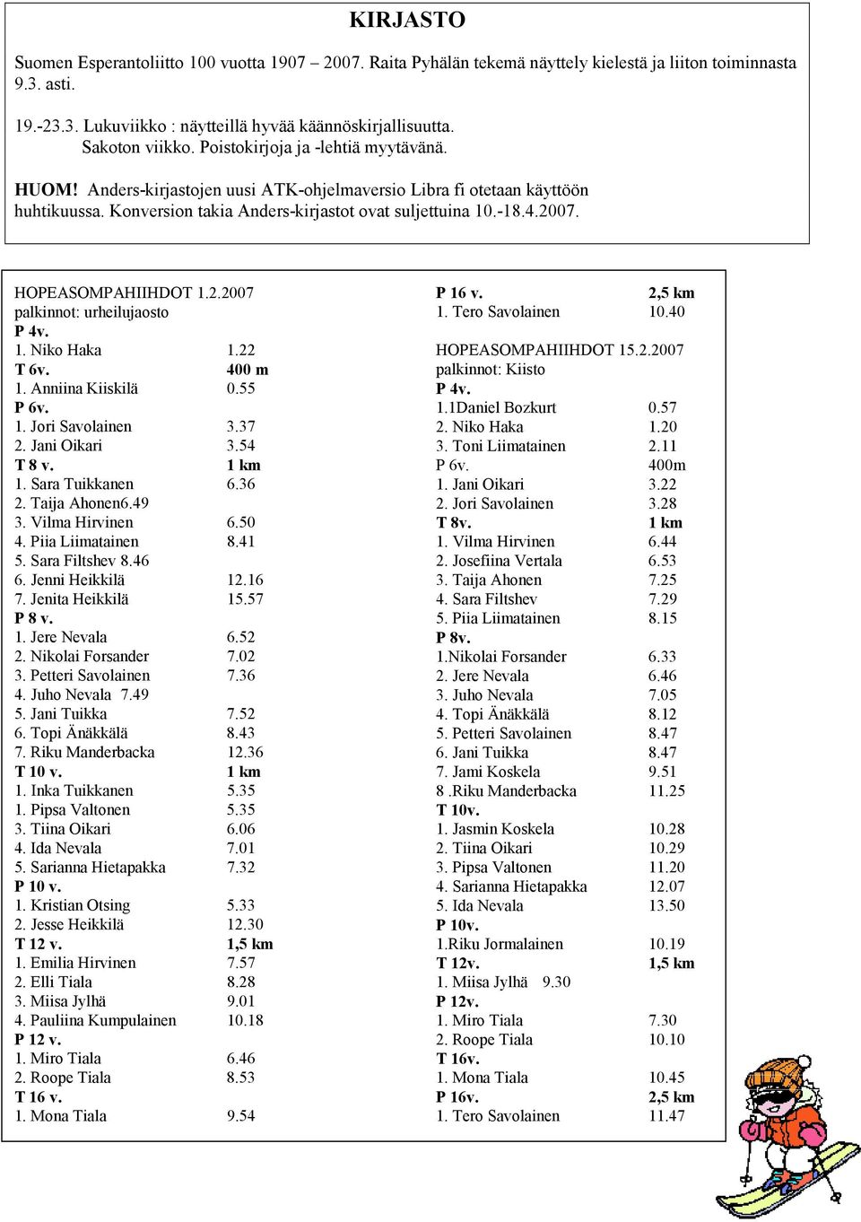 2007. HOPEASOMPAHIIHDOT 1.2.2007 palkinnot: urheilujaosto P 4v. 1. Niko Haka 1.22 T 6v. 400 m 1. Anniina Kiiskilä 0.55 P 6v. 1. Jori Savolainen 3.37 2. Jani Oikari 3.54 T 8 v. 1 km 1.