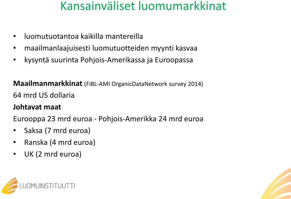 Maailmanmarkkinat (FiBL-AMI OrganicDataNetwork survey 2014) 64 mrd US dollaria Johtavat maat