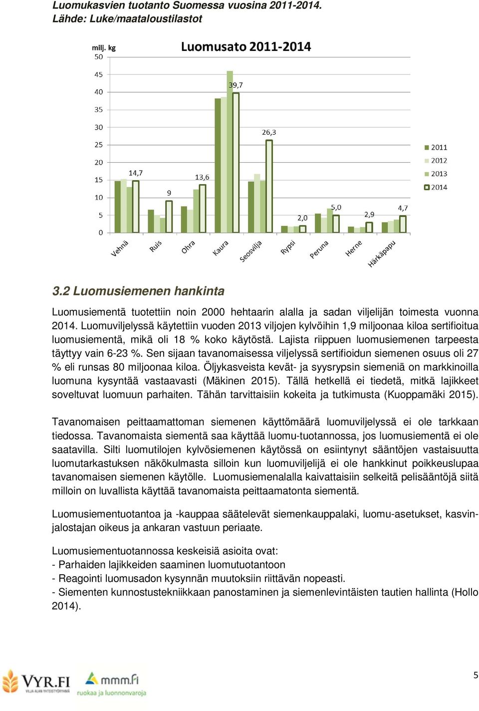 Sen sijaan tavanomaisessa viljelyssä sertifioidun siemenen osuus oli 27 % eli runsas 80 miljoonaa kiloa.