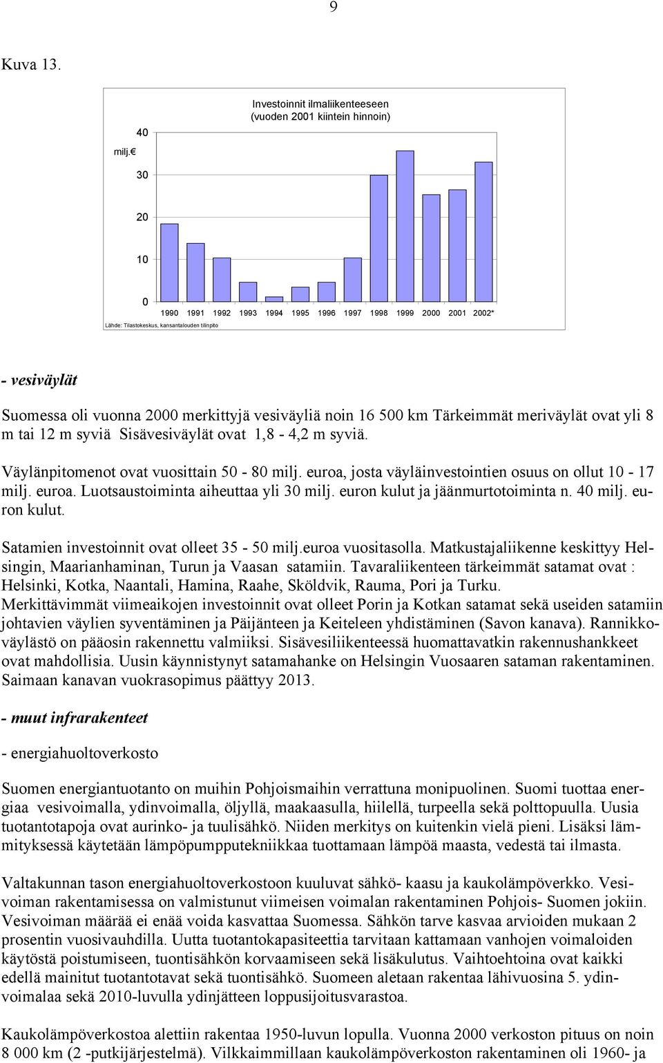 vesiväylät Suomessa oli vuonna 2000 merkittyjä vesiväyliä noin 16 500 km Tärkeimmät meriväylät ovat yli 8 m tai 12 m syviä Sisävesiväylät ovat 1,8-4,2 m syviä.