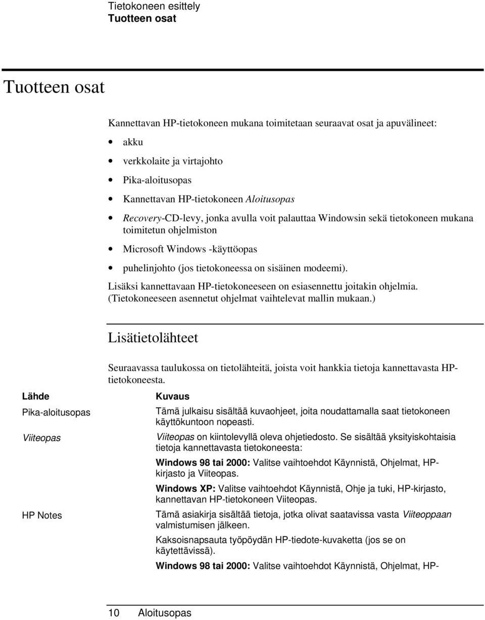 sisäinen modeemi). Lisäksi kannettavaan HP-tietokoneeseen on esiasennettu joitakin ohjelmia. (Tietokoneeseen asennetut ohjelmat vaihtelevat mallin mukaan.