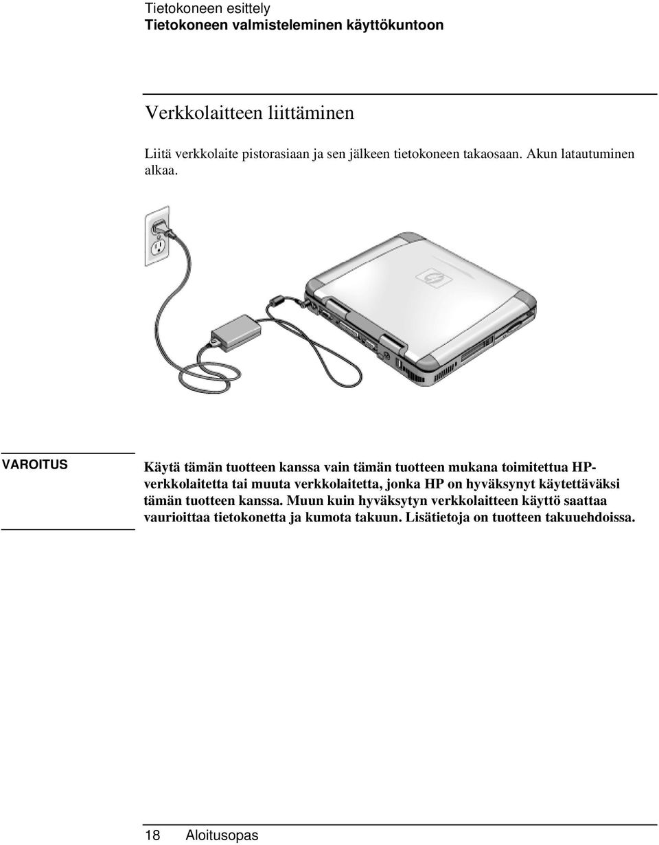 VAROITUS Käytä tämän tuotteen kanssa vain tämän tuotteen mukana toimitettua HPverkkolaitetta tai muuta verkkolaitetta, jonka HP