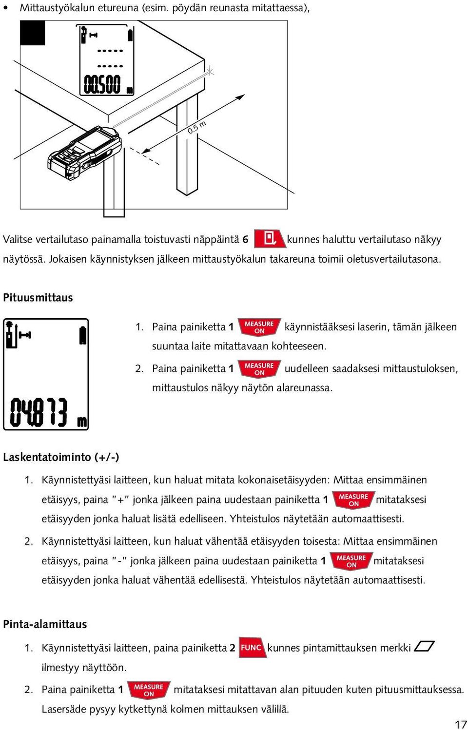 2. Paina painiketta 1 uudelleen saadaksesi mittaustuloksen, mittaustulos näkyy näytön alareunassa. Laskentatoiminto (+/-) 1.