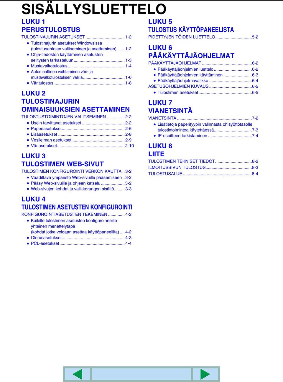 .. 1-8 LUKU 2 TULOSTINAJURIN OMINAISUUKSIEN ASETTAMINEN TULOSTUSTOIMINTOJEN VALITSEMINEN... 2-2 Usein tarvittavat asetukset... 2-2 Paperiasetukset... 2-6 Lisäasetukset... 2-8 Vesileiman asetukset.