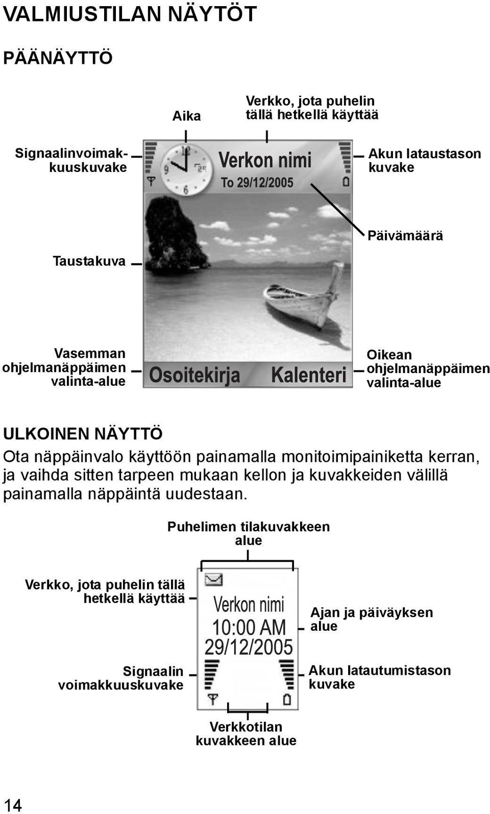 monitoimipainiketta kerran, ja vaihda sitten tarpeen mukaan kellon ja kuvakkeiden välillä painamalla näppäintä uudestaan.