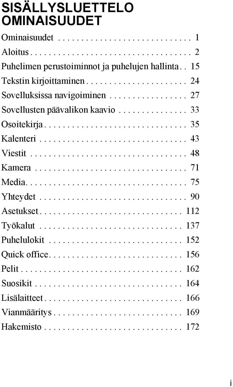 ................................. 48 Kamera................................. 71 Media................................... 75 Yhteydet................................ 90 Asetukset............................... 112 Työkalut.