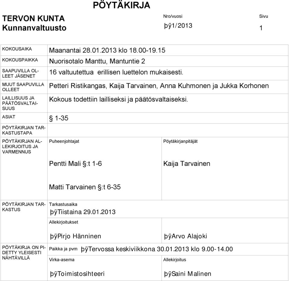 luettelon mukaisesti. Petteri Ristikangas, Kaija Tarvainen, Anna Kuhmonen ja Jukka Korhonen Kokous todettiin lailliseksi ja päätösvaltaiseksi.