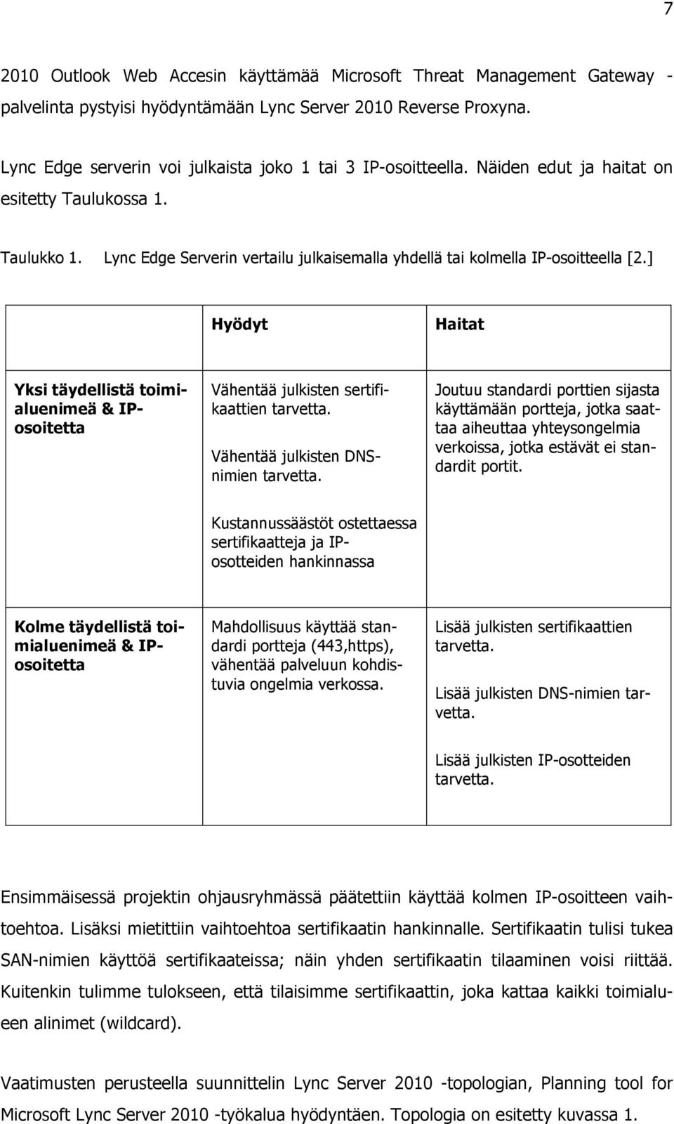 Lync Edge Serverin vertailu julkaisemalla yhdellä tai kolmella IP-osoitteella [2.] Hyödyt Haitat Yksi täydellistä toimialuenimeä & IPosoitetta Vähentää julkisten sertifikaattien tarvetta.