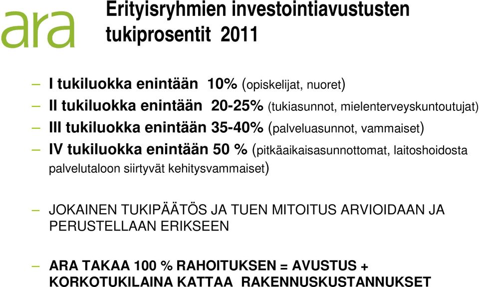 tukiluokka enintään 50 % (pitkäaikaisasunnottomat, laitoshoidosta palvelutaloon siirtyvät kehitysvammaiset) JOKAINEN