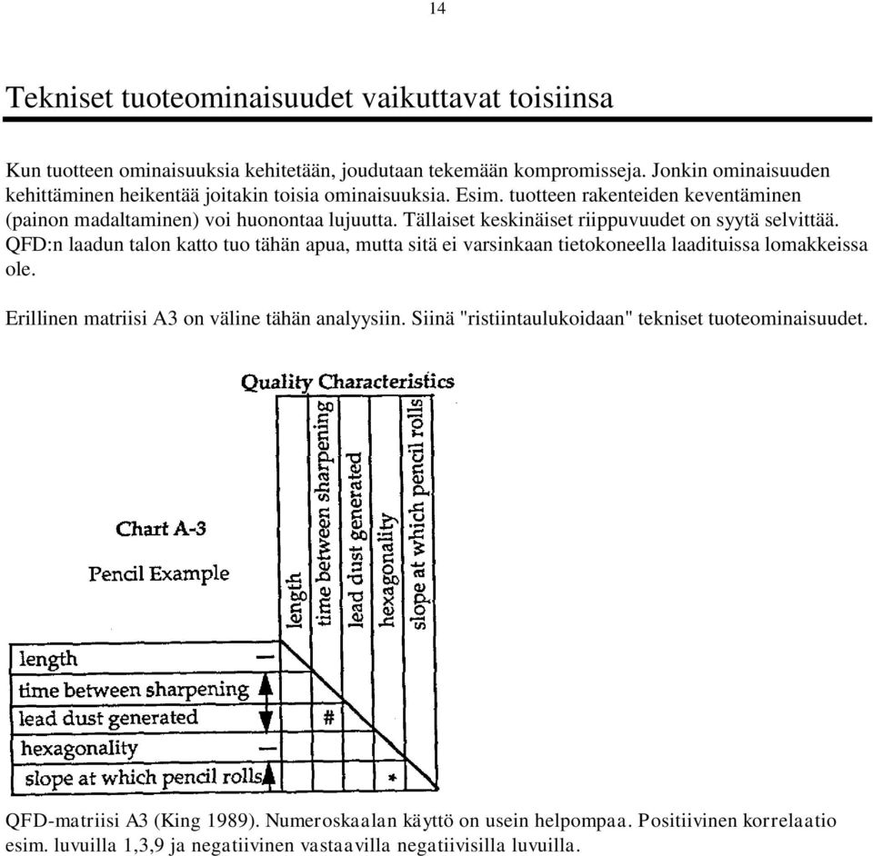 Tällaiset keskinäiset riippuvuudet on syytä selvittää. QFD:n laadun talon katto tuo tähän apua, mutta sitä ei varsinkaan tietokoneella laadituissa lomakkeissa ole.