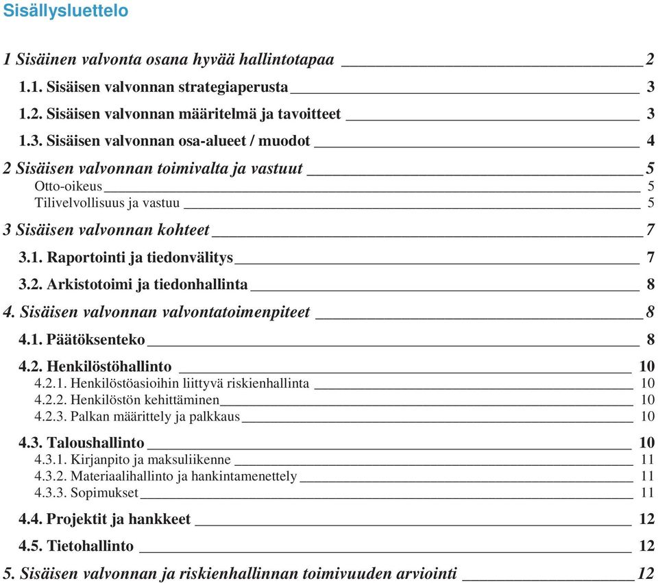 1.3. Sisäisen valvonnan osa-alueet / muodot 4 2 Sisäisen valvonnan toimivalta ja vastuut 5 Otto-oikeus 5 Tilivelvollisuus ja vastuu 5 3 Sisäisen valvonnan kohteet 7 3.1. Raportointi ja tiedonvälitys 7 3.