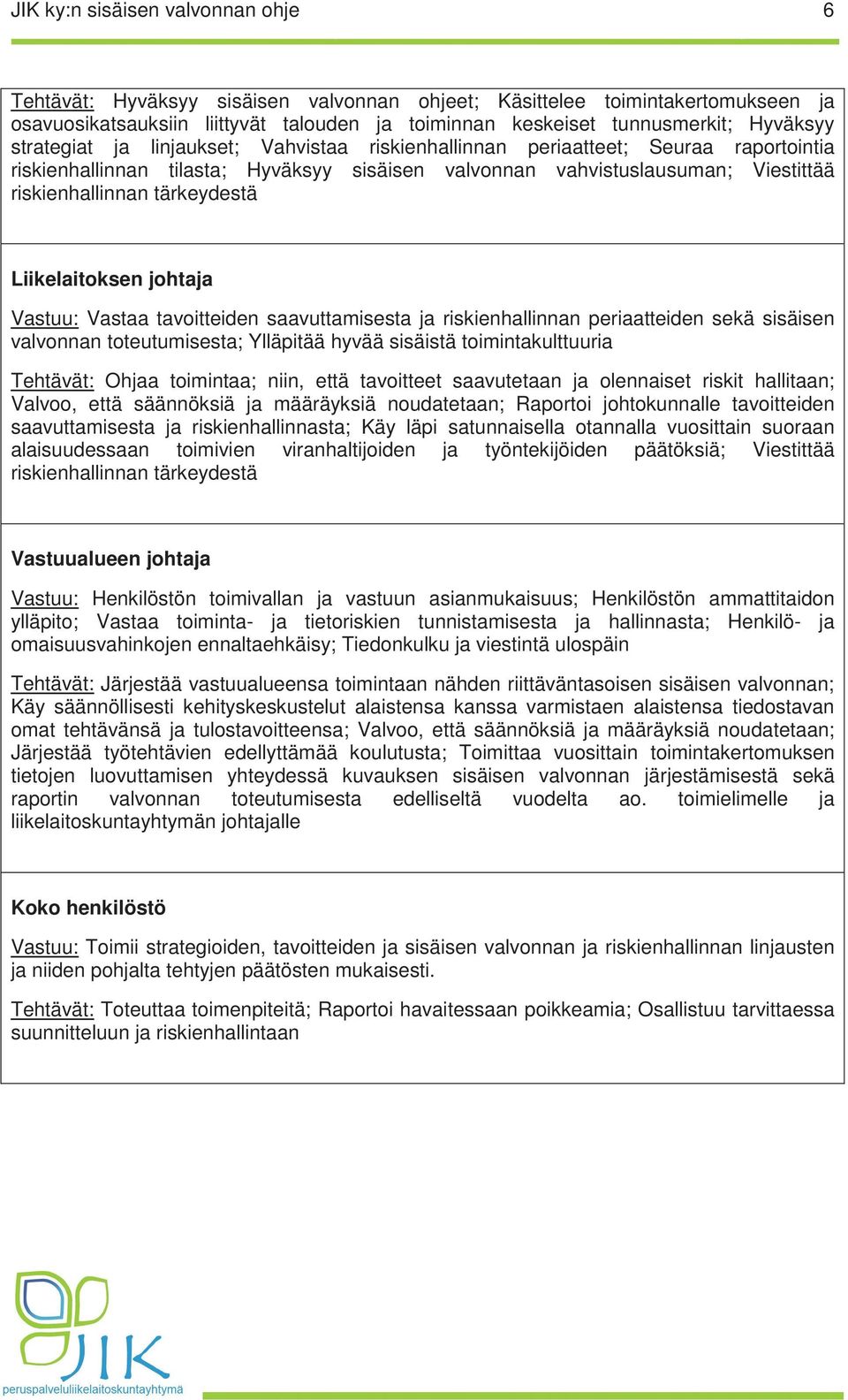 tärkeydestä Liikelaitoksen johtaja Vastuu: Vastaa tavoitteiden saavuttamisesta ja riskienhallinnan periaatteiden sekä sisäisen valvonnan toteutumisesta; Ylläpitää hyvää sisäistä toimintakulttuuria