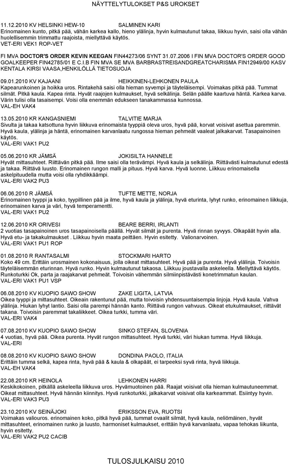 miellyttävä käytös. VET-ERI VEK1 ROP-VET FI MVA DOCTOR'S ORDER KEVIN KEEGAN FIN44273/06 SYNT 31.07.2006 I FIN MVA DOCTOR'S ORDER GOOD GOALKEEPER FIN42785/01 E C.I.B FIN MVA SE MVA BARBRASTREISANDGREATCHARISMA FIN12949/00 KASV KENTALA KIRSI VAASA,HENKILÖLLÄ TIETOSUOJA 09.