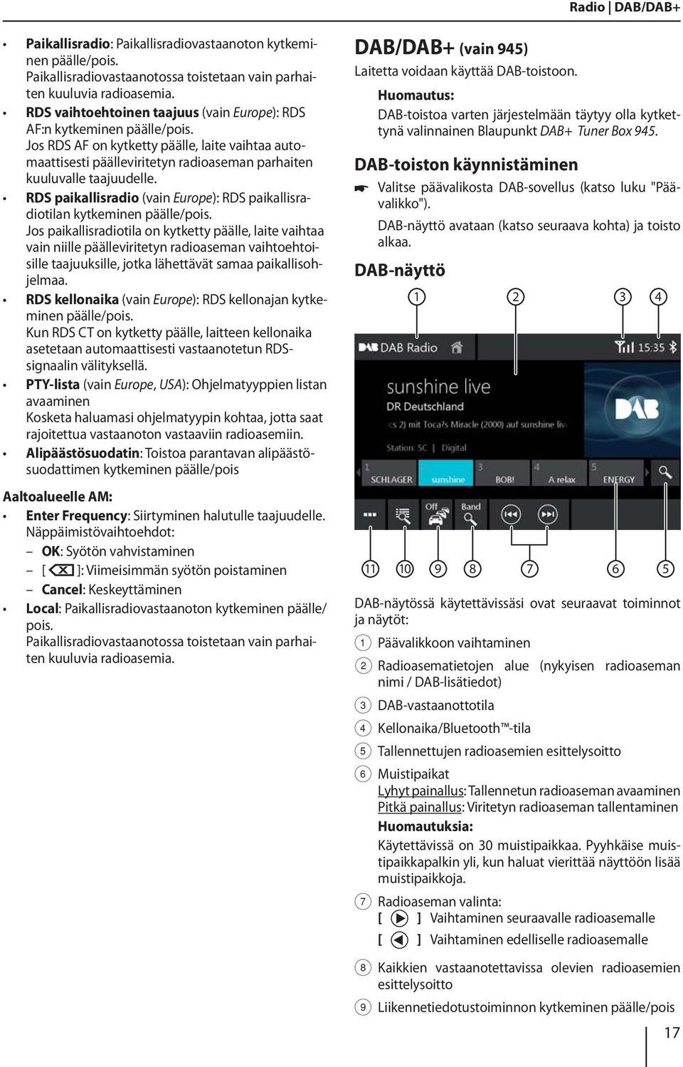 RDS paikallisradio (vain Europe): RDS paikallisradiotilan kytkeminen päälle/pois.