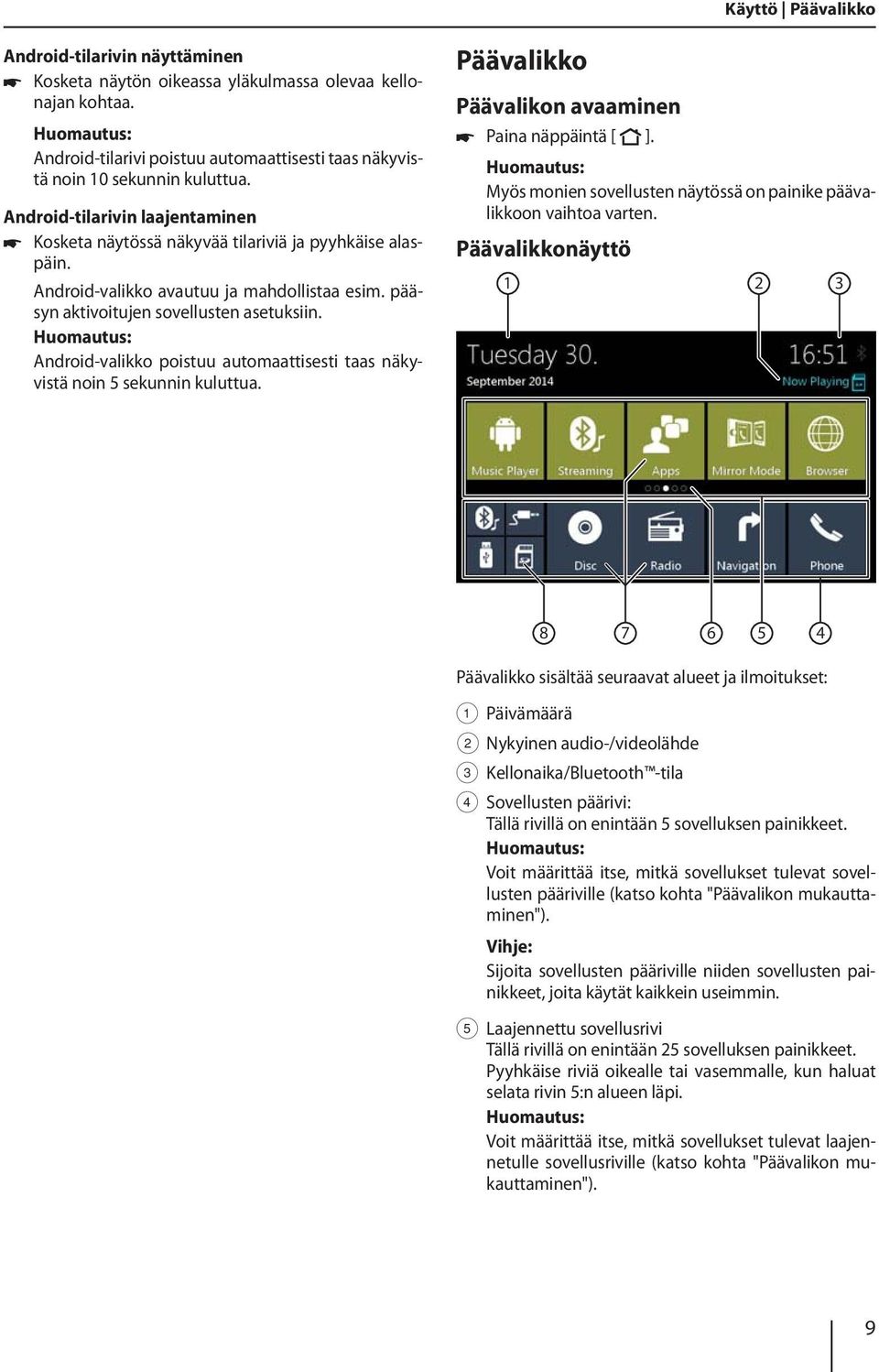 Android-valikko poistuu automaattisesti taas näkyvistä noin 5 sekunnin kuluttua. Päävalikko Päävalikon avaaminen Paina näppäintä [ ].