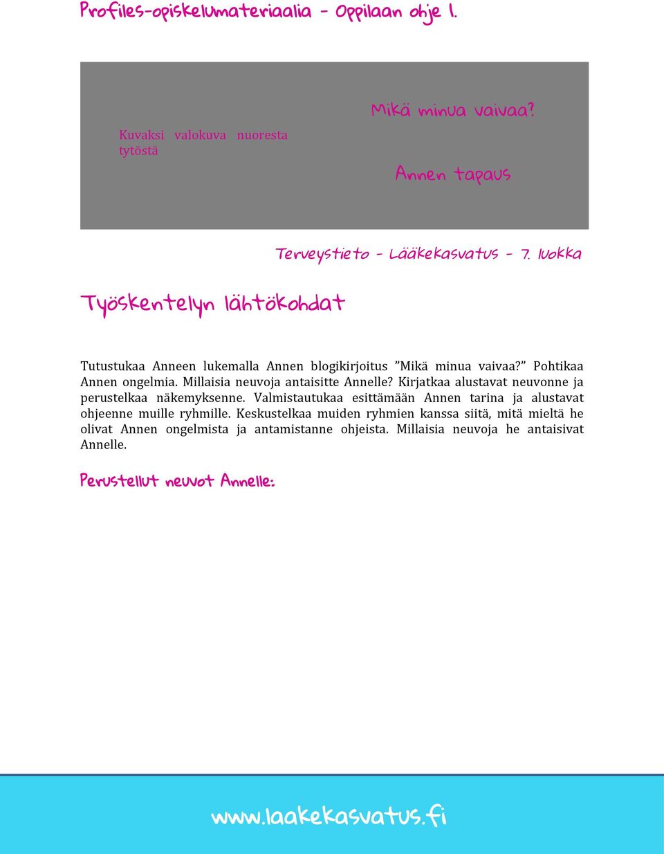 Millaisia neuvoja antaisitte Annelle? Kirjatkaa alustavat neuvonne ja perustelkaa näkemyksenne.