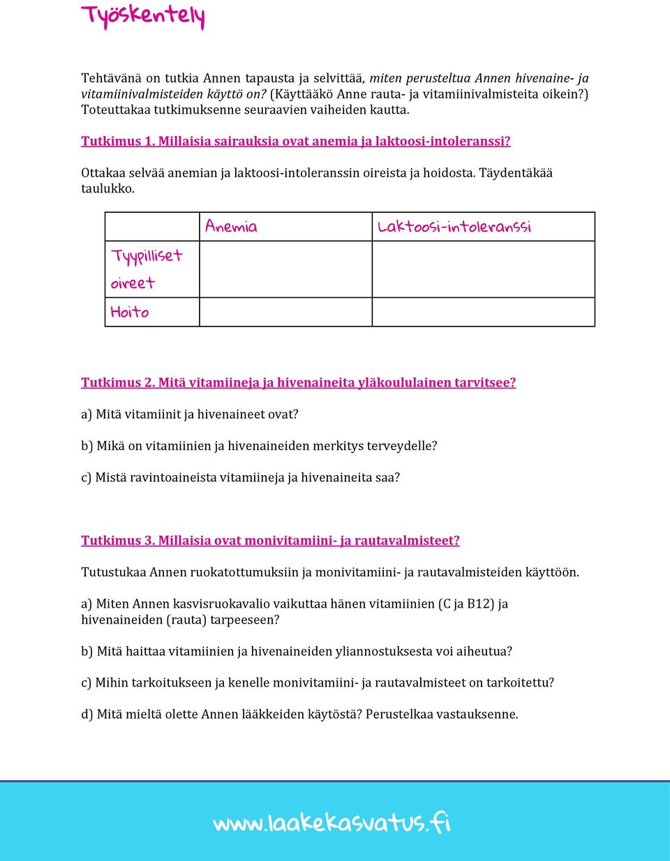 Täydentäkää taulukko. Anemia Laktoosi-intoleranssi Tyypilliset oireet Hoito Tutkimus 2. Mitä vitamiineja ja hivenaineita yläkoululainen tarvitsee? a) Mitä vitamiinit ja hivenaineet ovat?