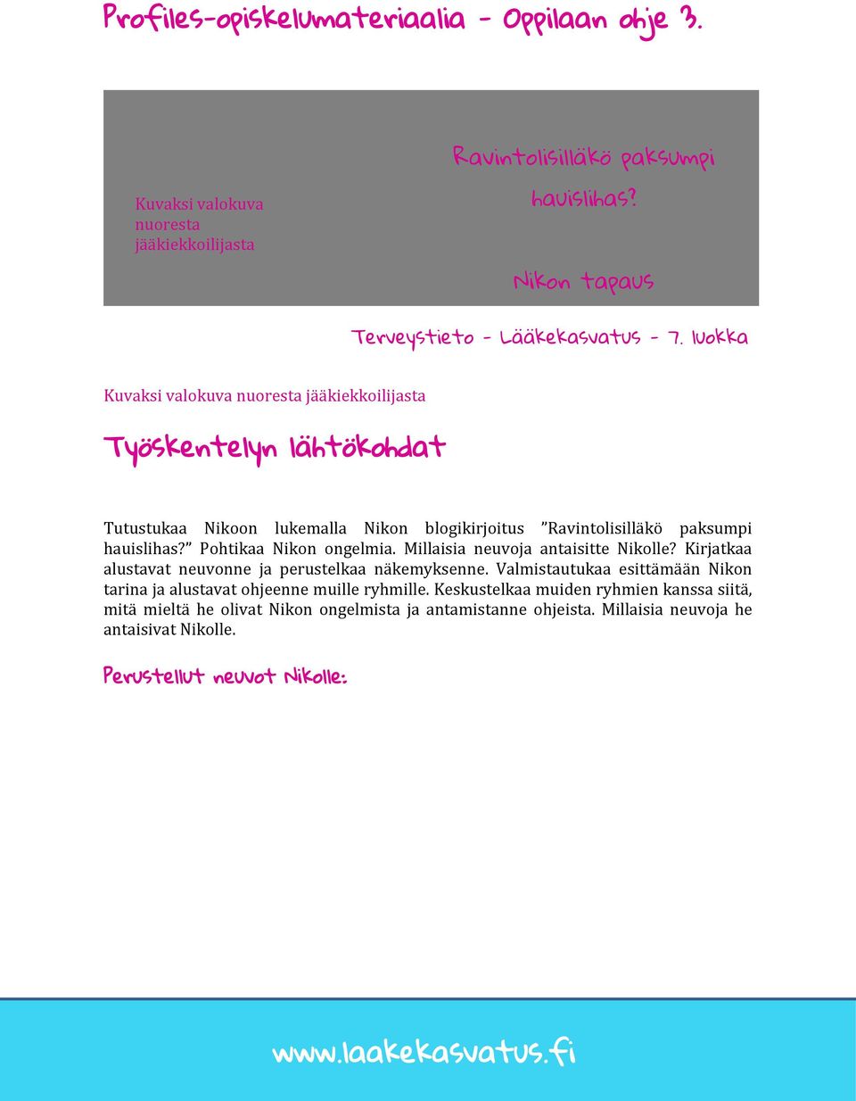 Pohtikaa Nikon ongelmia. Millaisia neuvoja antaisitte Nikolle? Kirjatkaa alustavat neuvonne ja perustelkaa näkemyksenne.