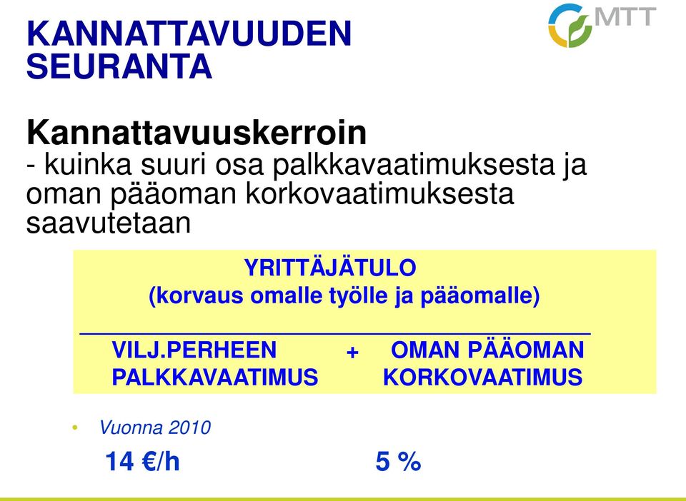 saavutetaan YRITTÄJÄTULO (korvaus omalle työlle ja pääomalle)