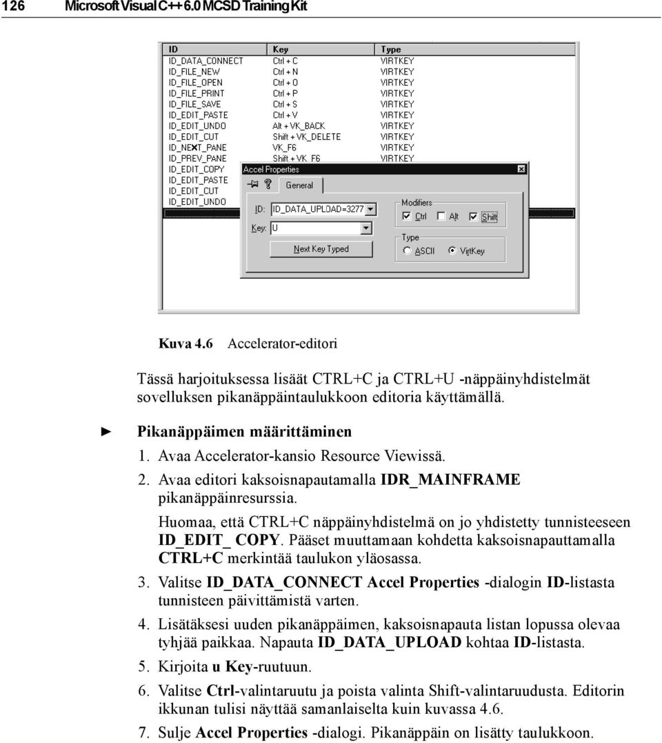 Huomaa, että CTRL+C näppäinyhdistelmä on jo yhdistetty tunnisteeseen ID_EDIT_ COPY. Pääset muuttamaan kohdetta kaksoisnapauttamalla CTRL+C merkintää taulukon yläosassa. 3.