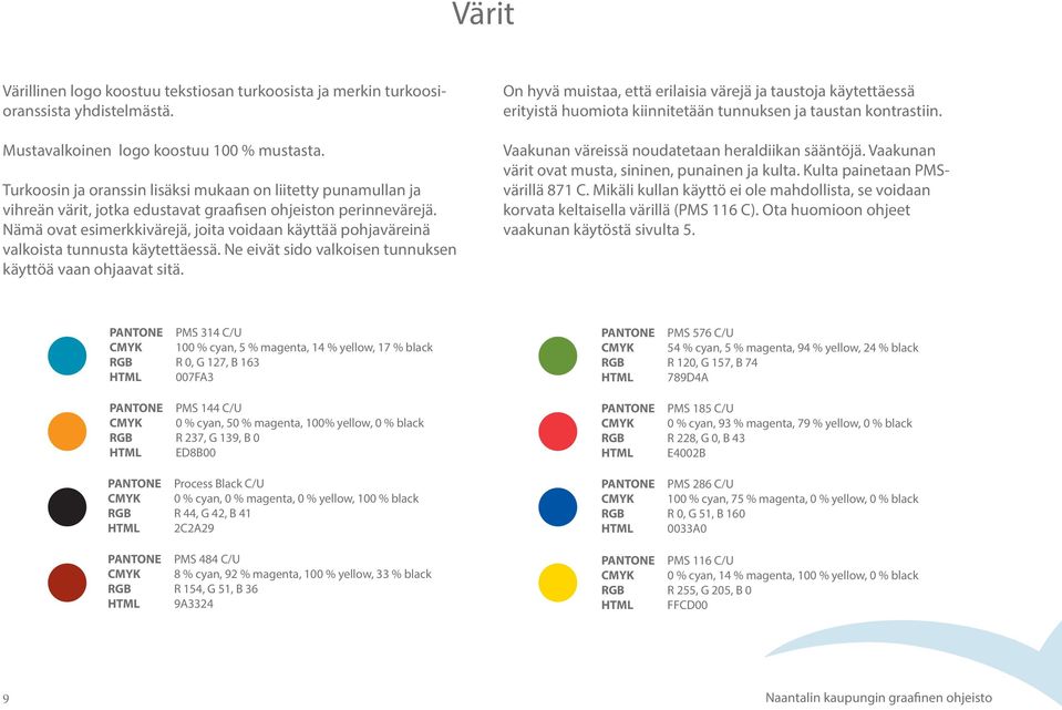 Nämä ovat esimerkkivärejä, joita voidaan käyttää pohjaväreinä valkoista tunnusta käytettäessä. Ne eivät sido valkoisen tunnuksen käyttöä vaan ohjaavat sitä.