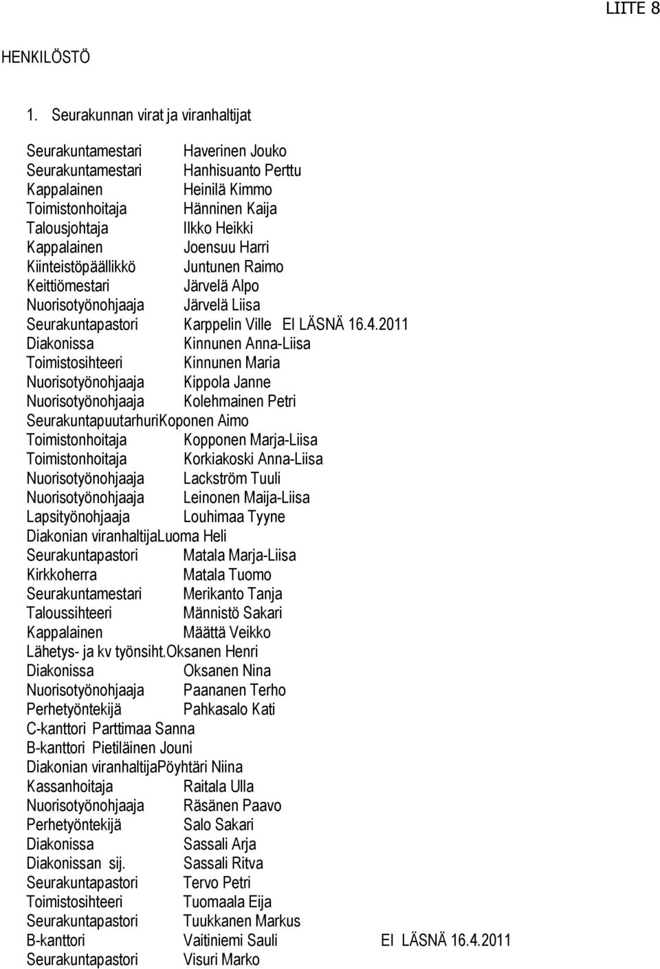 Kappalainen Joensuu Harri Kiinteistöpäällikkö Juntunen Raimo Keittiömestari Järvelä Alpo Nuorisotyönohjaaja Järvelä Liisa Seurakuntapastori Karppelin Ville EI LÄSNÄ 16.4.