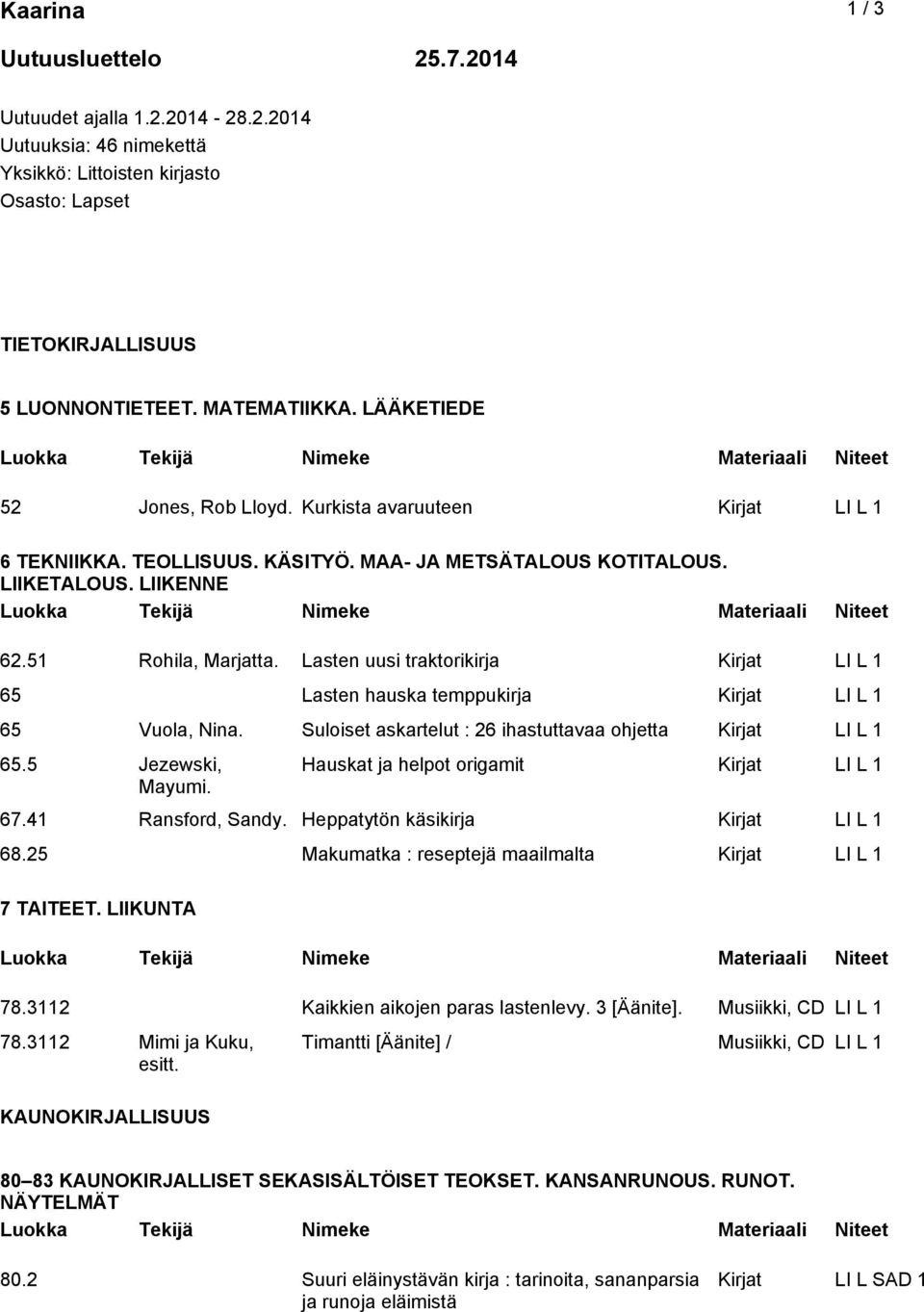 Lasten uusi traktorikirja Kirjat LI L 1 65 Lasten hauska temppukirja Kirjat LI L 1 65 Vuola, Nina. Suloiset askartelut : 26 ihastuttavaa ohjetta Kirjat LI L 1 65.5 Jezewski, Mayumi.