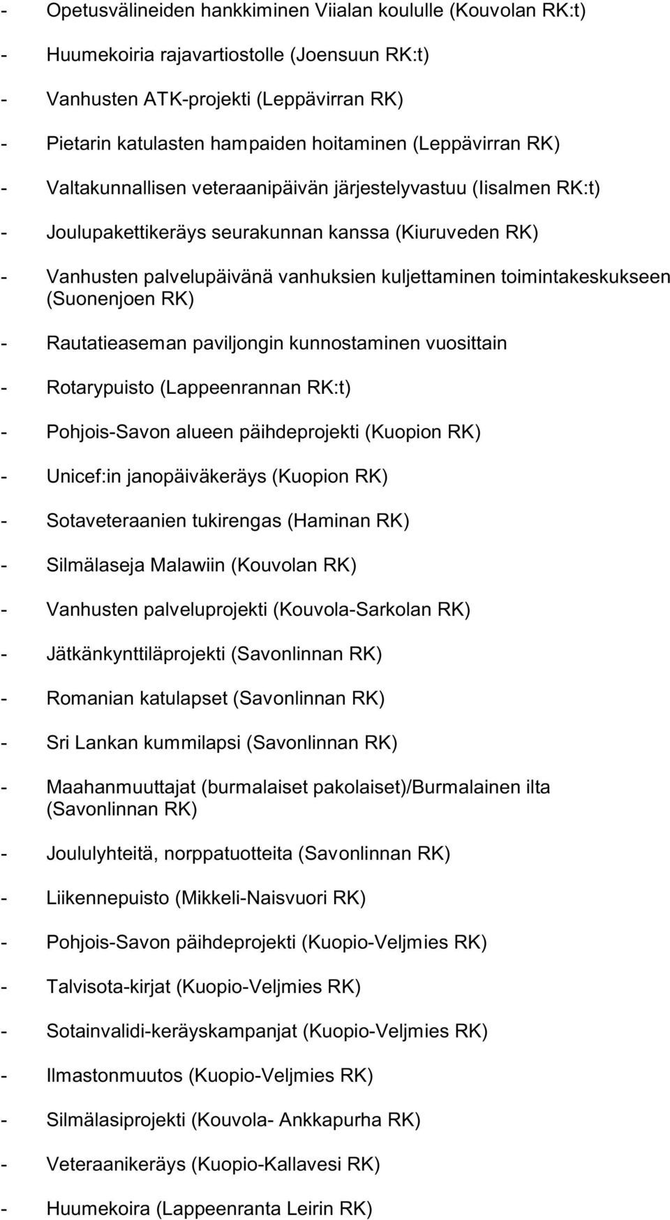 toimintakeskukseen (Suonenjoen RK) - Rautatieaseman paviljongin kunnostaminen vuosittain - Rotarypuisto (Lappeenrannan RK:t) - Pohjois-Savon alueen päihdeprojekti (Kuopion RK) - Unicef:in