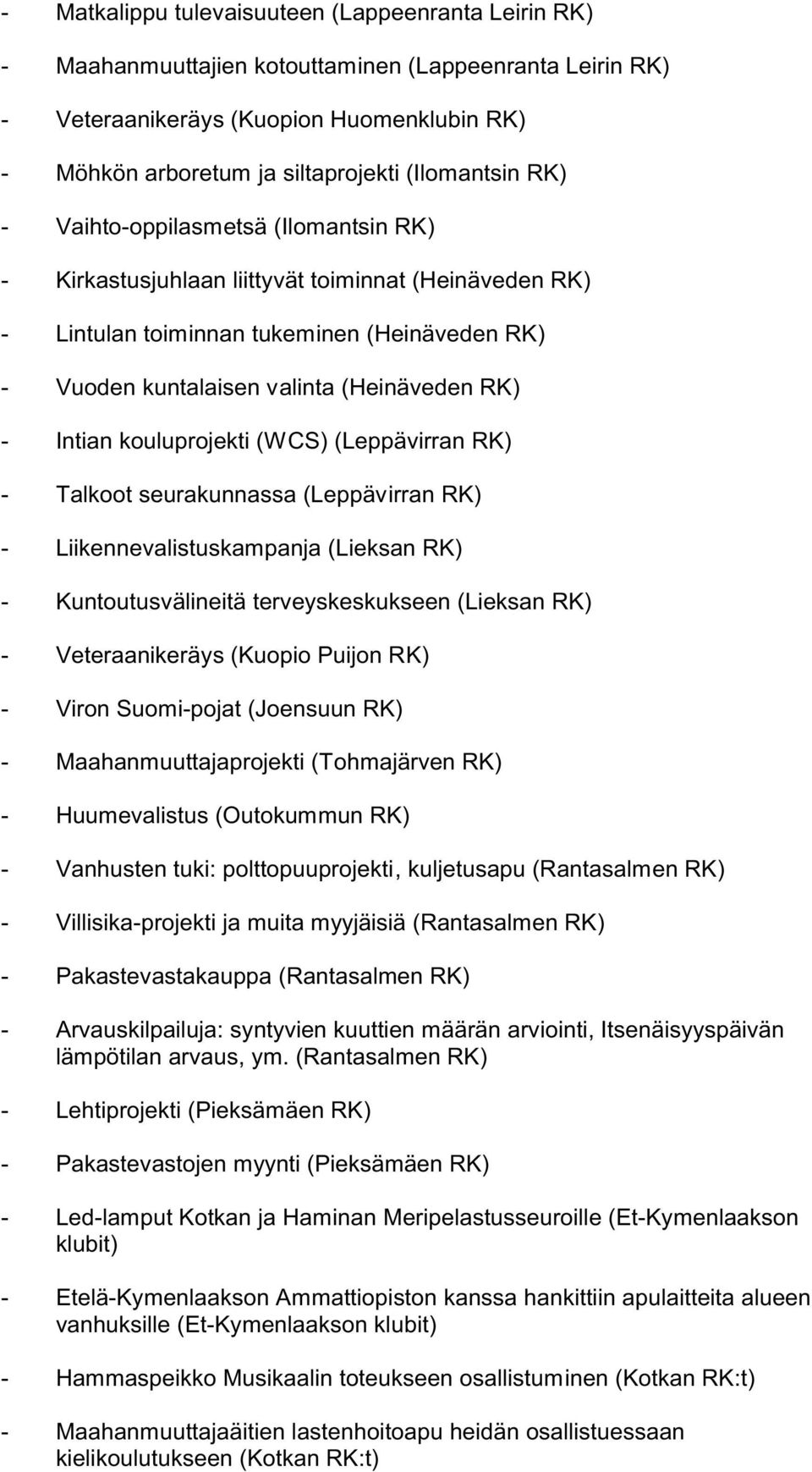 RK) - Intian kouluprojekti (WCS) (Leppävirran RK) - Talkoot seurakunnassa (Leppävirran RK) - Liikennevalistuskampanja (Lieksan RK) - Kuntoutusvälineitä terveyskeskukseen (Lieksan RK) -