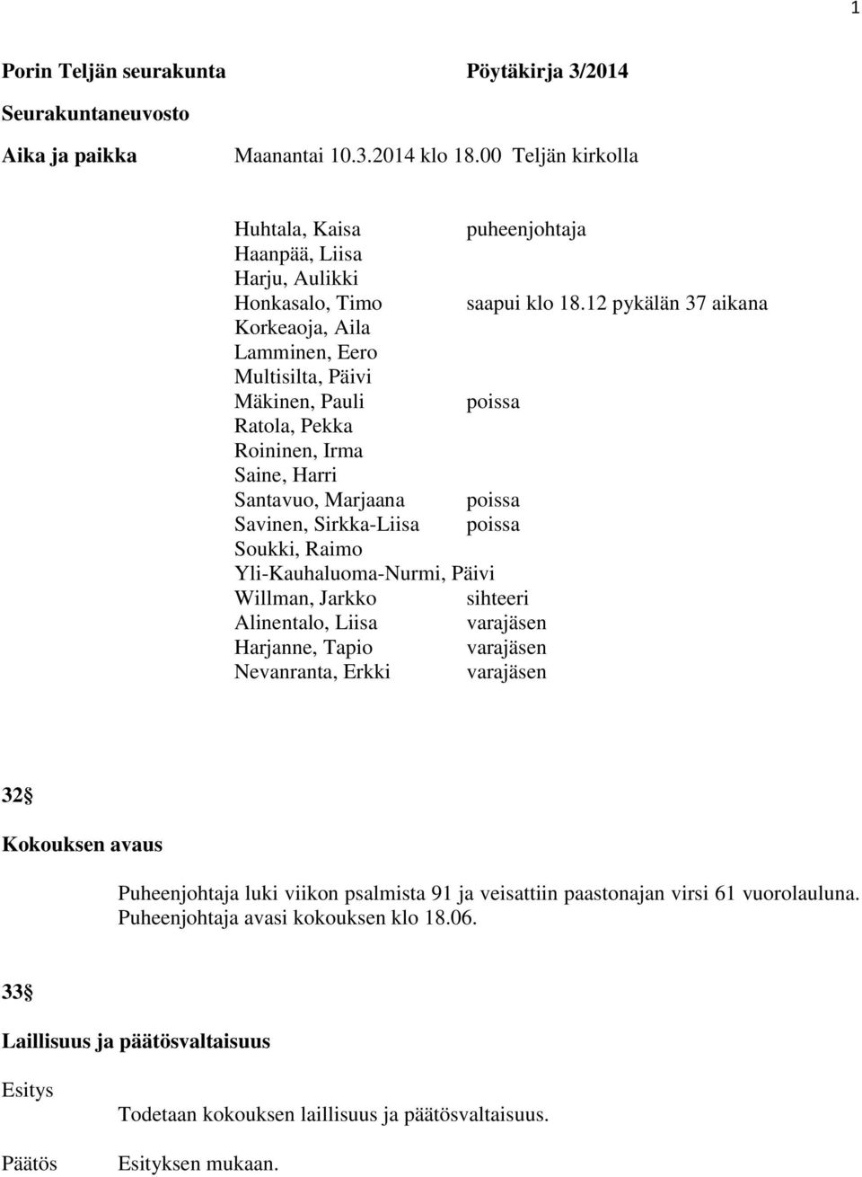 12 pykälän 37 aikana Korkeaoja, Aila Lamminen, Eero Multisilta, Päivi Mäkinen, Pauli poissa Ratola, Pekka Roininen, Irma Saine, Harri Santavuo, Marjaana poissa Savinen, Sirkka-Liisa poissa