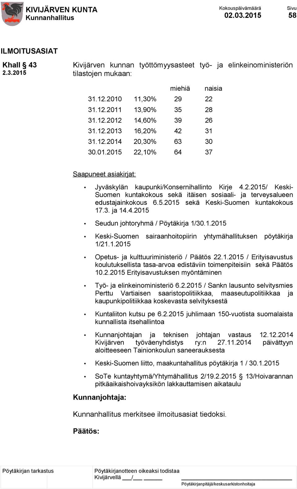 5.2015 sekä Keski-Suomen kuntakokous 17.3. ja 14.4.2015 Seudun johtoryhmä / Pöytäkirja 1/30.1.2015 Keski-Suomen sairaanhoitopiirin yhtymähallituksen pöytäkirja 1/21.1.2015 Opetus- ja kulttuuriministeriö / Päätös 22.