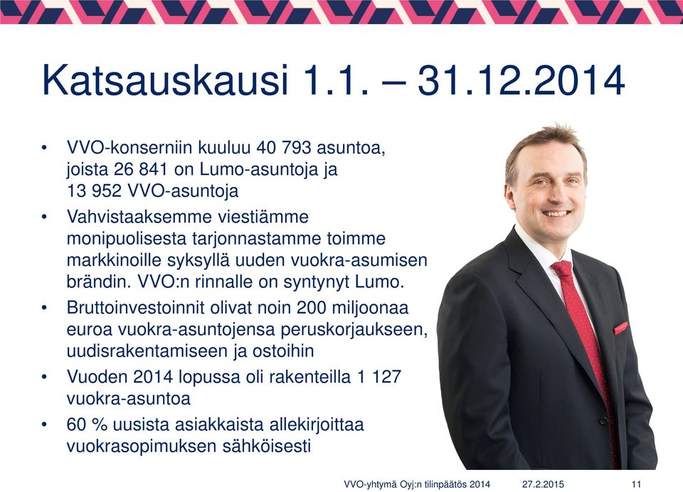 monipuolisesta tarjonnastamme toimme markkinoille syksyllä uuden vuokra-asumisen brändin. VVO:n rinnalle on syntynyt Lumo.