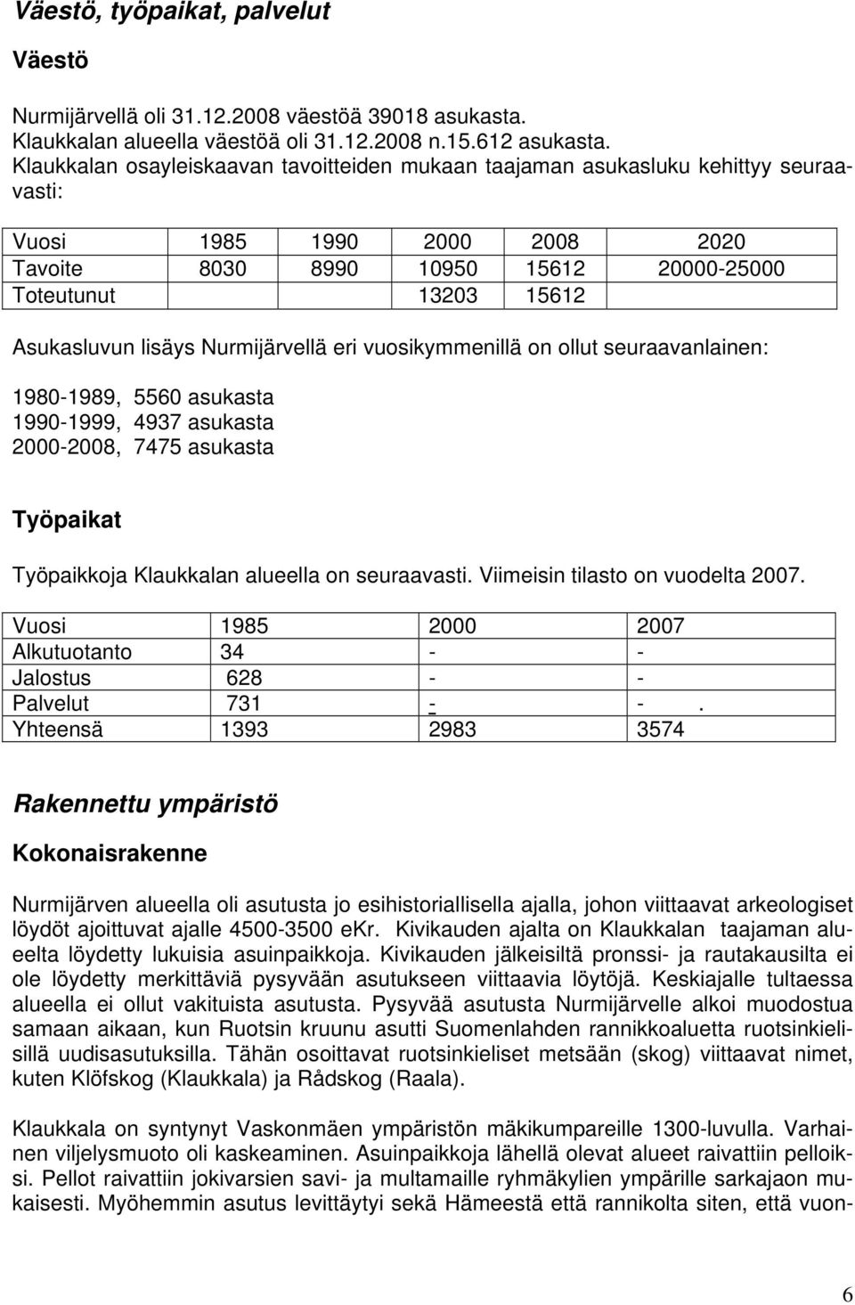 lisäys Nurmijärvellä eri vuosikymmenillä on ollut seuraavanlainen: 1980-1989, 5560 asukasta 1990-1999, 4937 asukasta 2000-2008, 7475 asukasta Työpaikat Työpaikkoja Klaukkalan alueella on seuraavasti.