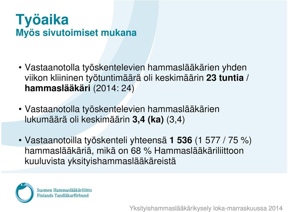 työskentelevien hammaslääkärien lukumäärä oli keskimäärin 3,4 (ka) (3,4) Vastaanotoilla työskenteli