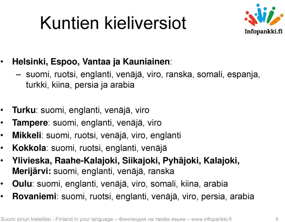 venäjä Ylivieska, Raahe-Kalajoki, Siikajoki, Pyhäjoki, Kalajoki, Merijärvi: suomi, englanti, venäjä, ranska Oulu: suomi, englanti, venäjä, viro, somali, kiina,