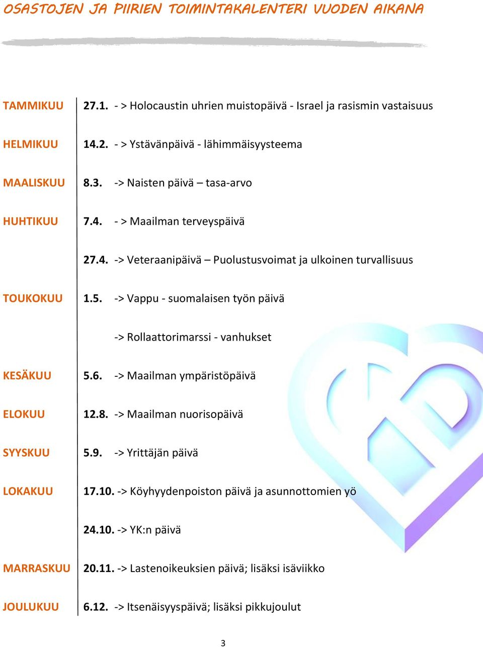 -> Vappu - suomalaisen työn päivä -> Rollaattorimarssi - vanhukset KESÄKUU 5.6. -> Maailman ympäristöpäivä ELOKUU 12.8. -> Maailman nuorisopäivä SYYSKUU 5.9.