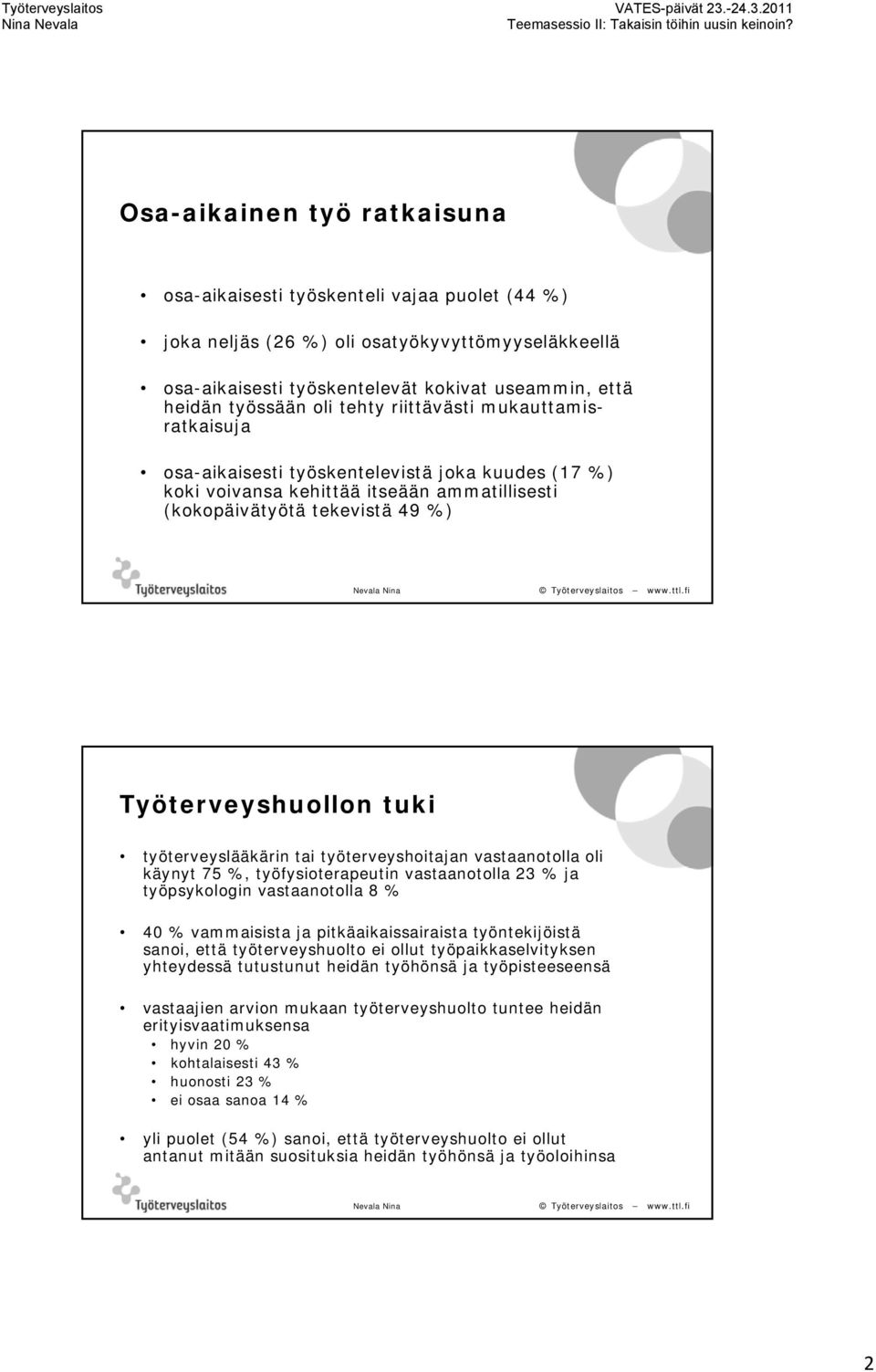 49 %) Työterveyshuollon tuki työterveyslääkärin tai työterveyshoitajan vastaanotolla oli käynyt 75 %, työfysioterapeutin vastaanotolla 23 % ja työpsykologin vastaanotolla 8 % 40 % vammaisista ja