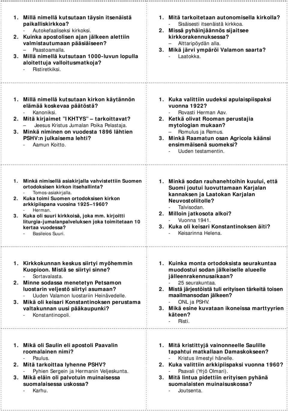 Missä pyhäinjäännös sijaitsee kirkkorakennuksessa? Alttaripöydän alla. 3. Mikä järvi ympäröi Valamon saarta? Laatokka. 1. Millä nimellä kutsutaan kirkon käytännön elämää koskevaa päätöstä? Kanoniksi.