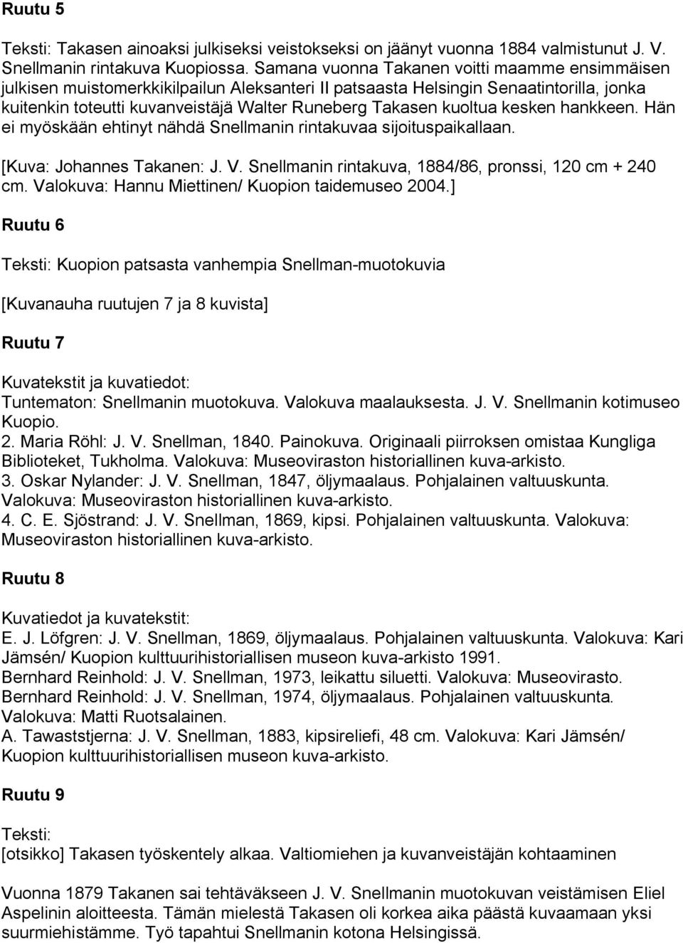 kuoltua kesken hankkeen. Hän ei myöskään ehtinyt nähdä Snellmanin rintakuvaa sijoituspaikallaan. cm. Valokuva: Hannu Miettinen/ Kuopion taidemuseo 2004.