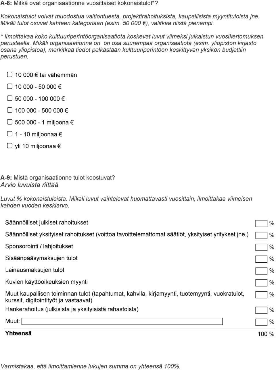 Mikäli organisaationne on on osa suurempaa organisaatiota (esim. yliopiston kirjasto osana yliopistoa), merkitkää tiedot pelkästään kulttuuriperintöön keskittyvän yksikön budjettiin perustuen.